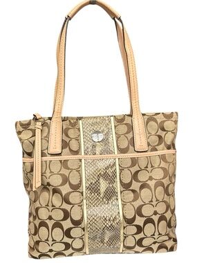 Coach Signature Stripe Python Stripe Tote Bag Khaki Jacquard Snakeskin Leather